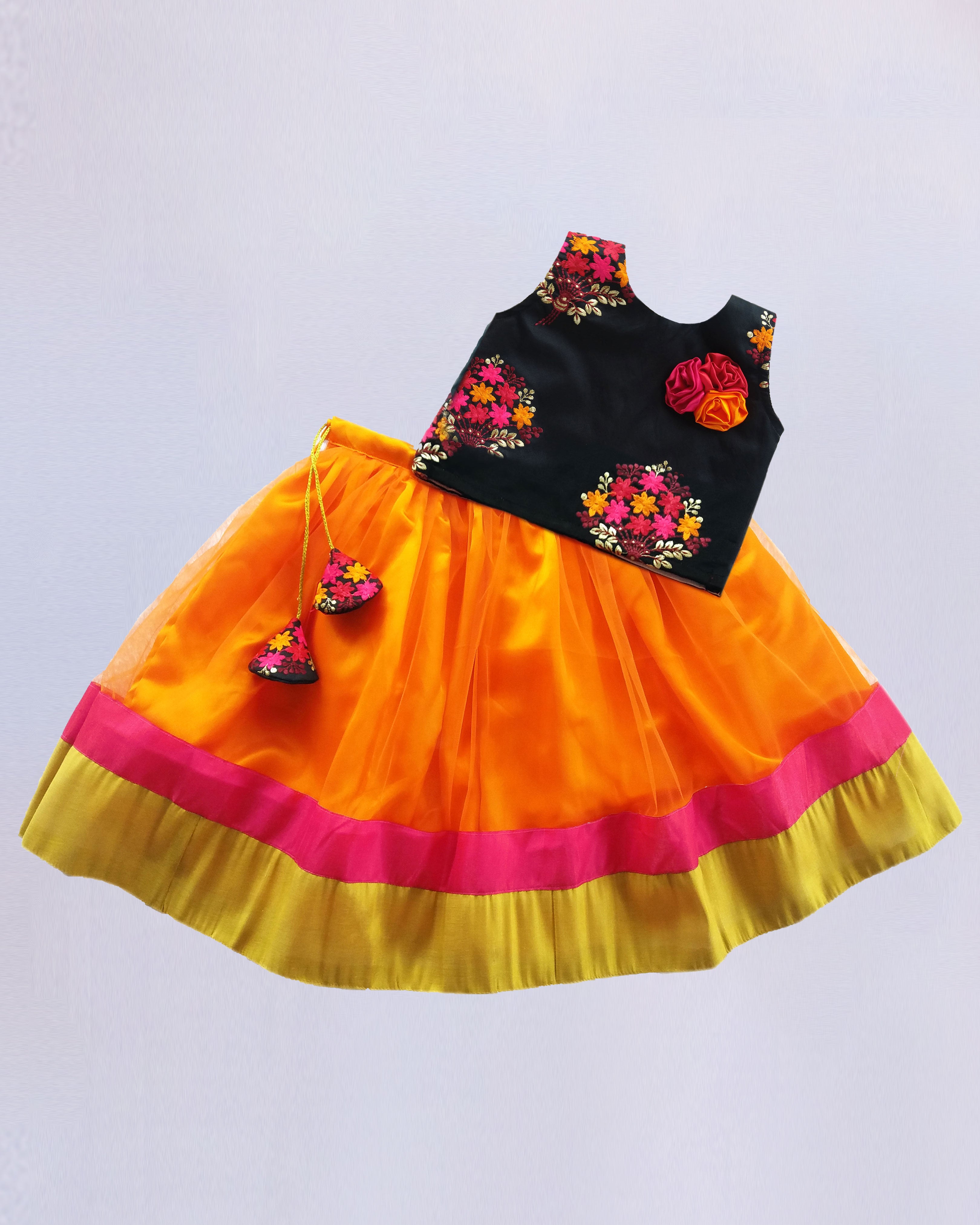 Art Silk Embroidery Lehenga Choli In Black And Orange Colour - LD3880548