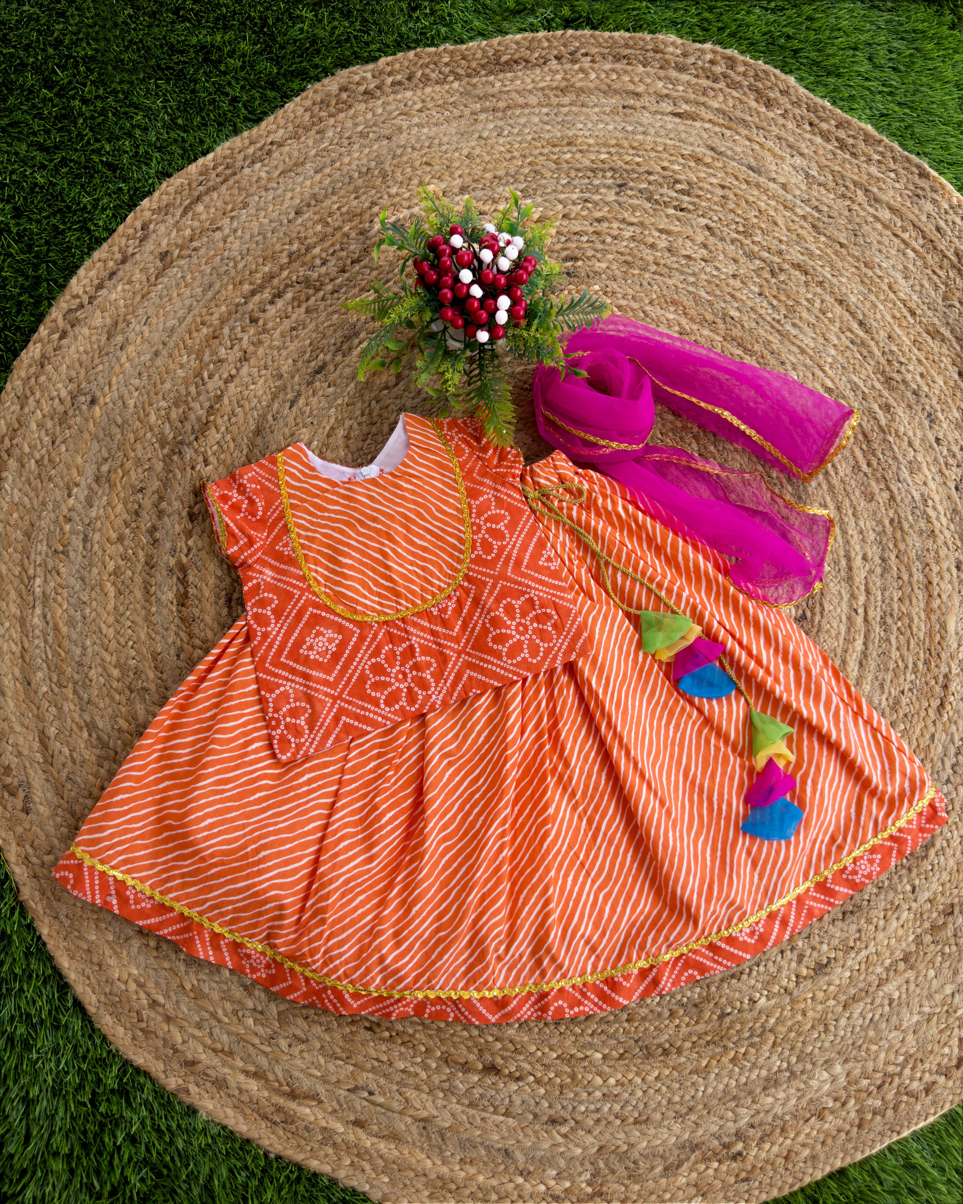 orange kids cotton lehenga choli for kids, stanwells kids baby girls dresses online, bandhej printed casual dresses online