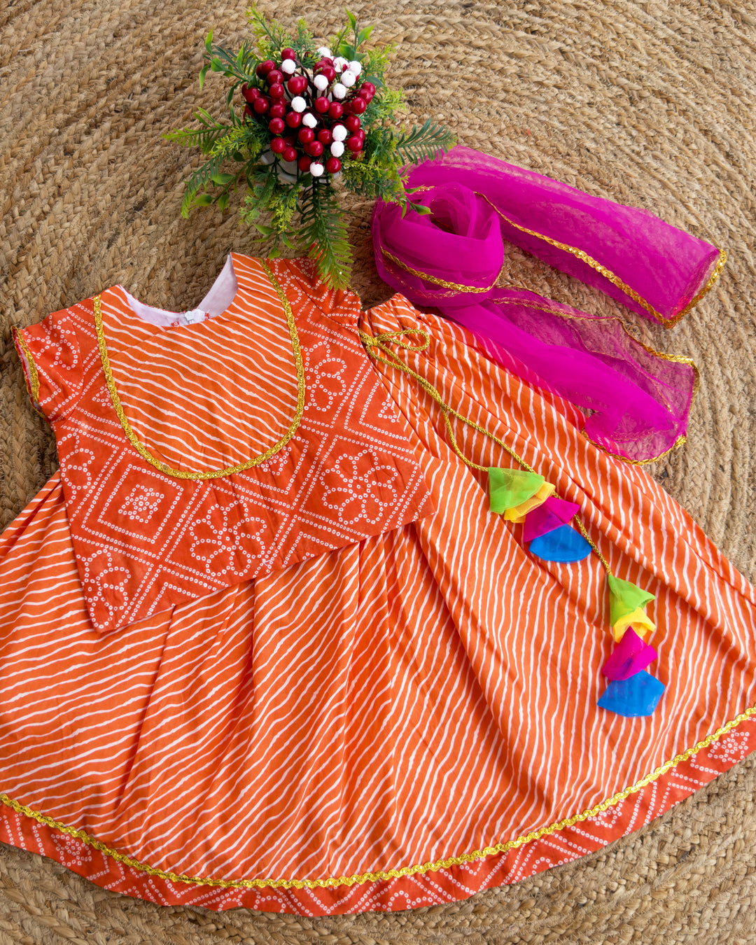 orange kids cotton lehenga choli for kids, stanwells kids baby girls dresses online, bandhej printed casual dresses online