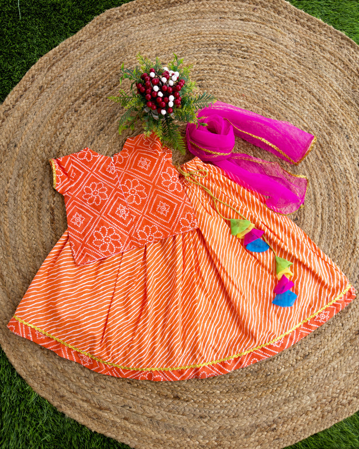 Bandhej Printed Ethnic Cotton Lehenga Choli Set for Baby-Girls in Orange Shade