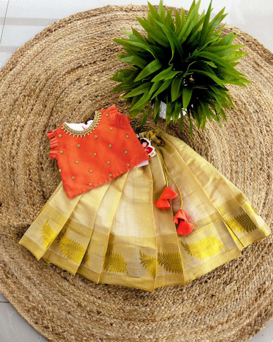 orange kerala lehenga, onam 2024, onam special kids dresses, kerala dresses for kids, kids pattupavadai, premim kids dresses, ethnic dress for baby girls