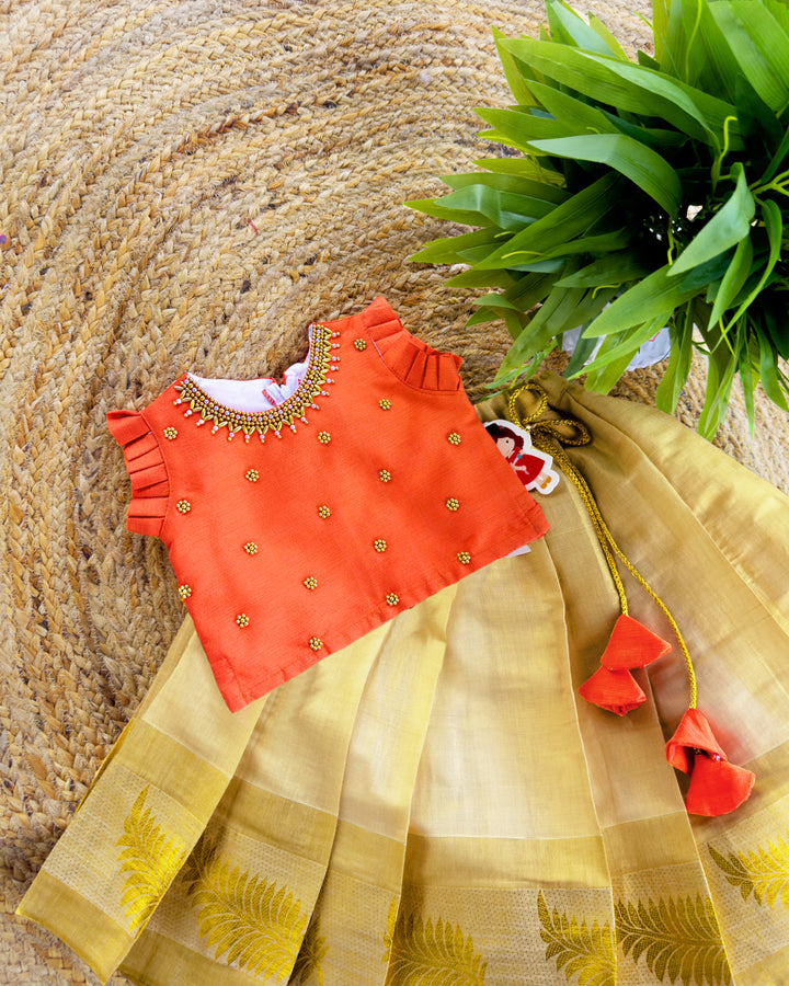 Orange & Gold Traditional Handwork Kerala Kasavu Lehenga Choli