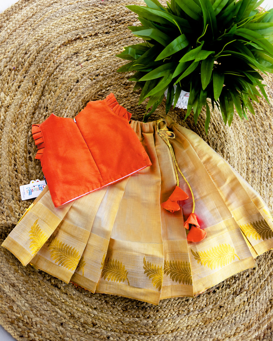 orange kerala lehenga, onam 2024, onam special kids dresses, kerala dresses for kids, kids pattupavadai, premim kids dresses, ethnic dress for baby girls