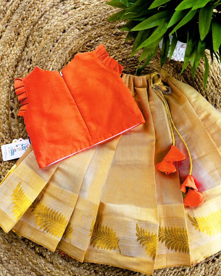 orange blouse for kids. onam 2024, onam special kids dresses, kerala dresses for kids, kids pattupavadai, premim kids dresses, ethnic dress for baby girls