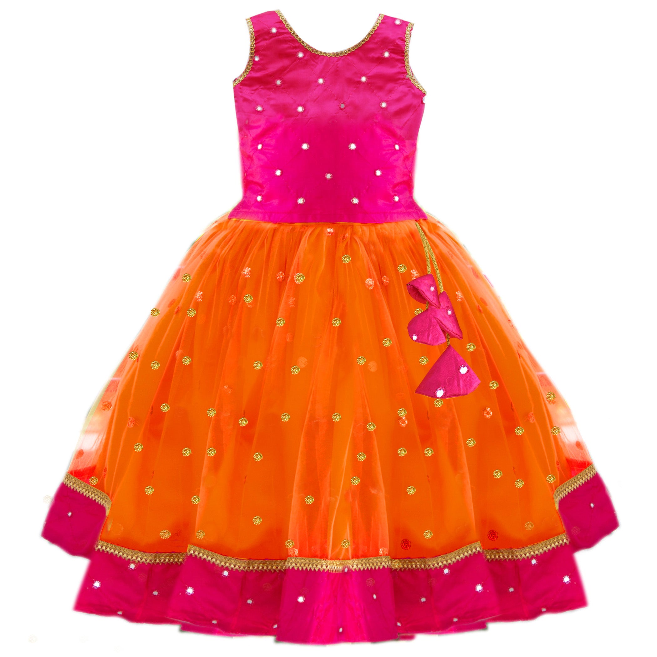 Orange and Magenta Combo South Indian Baby Girls Mirror Work Sequins Net Lehenga Choli Set