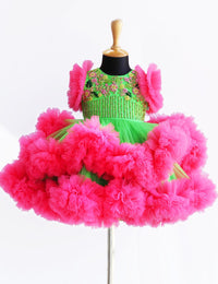 Parrot Green Peach Heavy Handwork Ruffles Birthday Frock for Baby Girl – Stanwells Kids