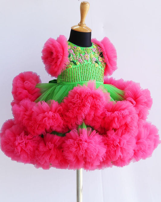 Parrot Green & Peach Combo Heavy Handwork Ruffles Frock - Stanwells Kids