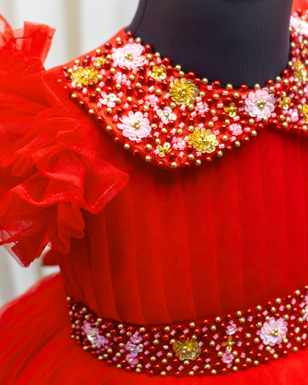 Layered red net frock for baby girl birthday party