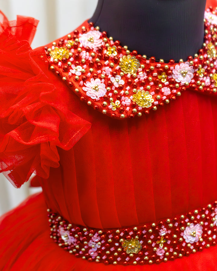 Layered red net frock for baby girl birthday party