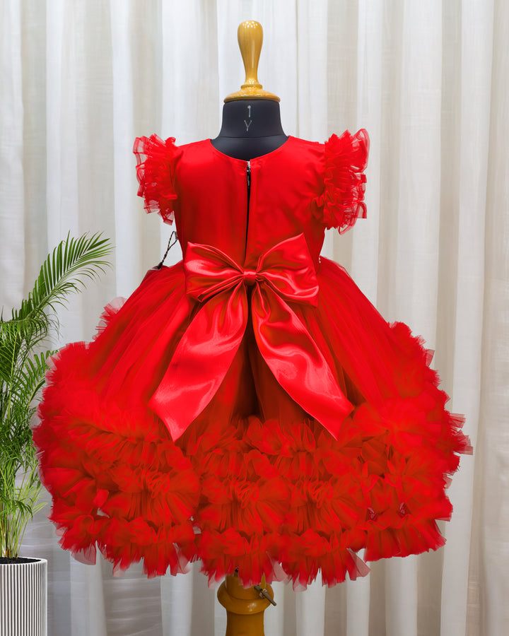 Baby girl red party wear frock with flared net skirt