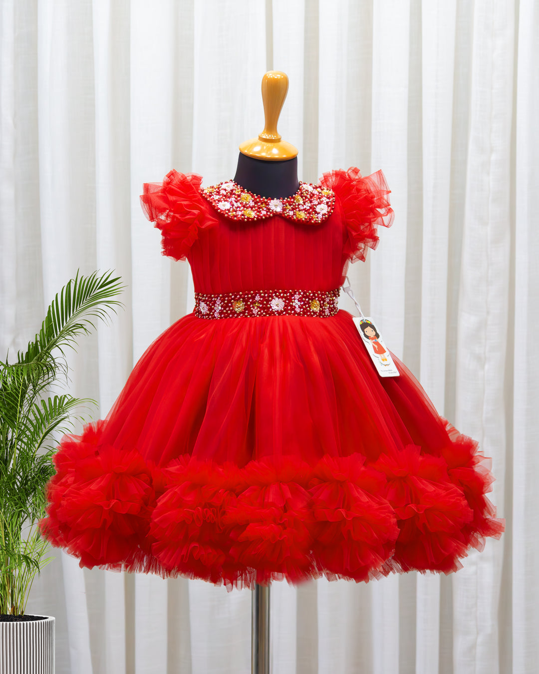 Red baby girl party frock with handwork Peter Pan collar