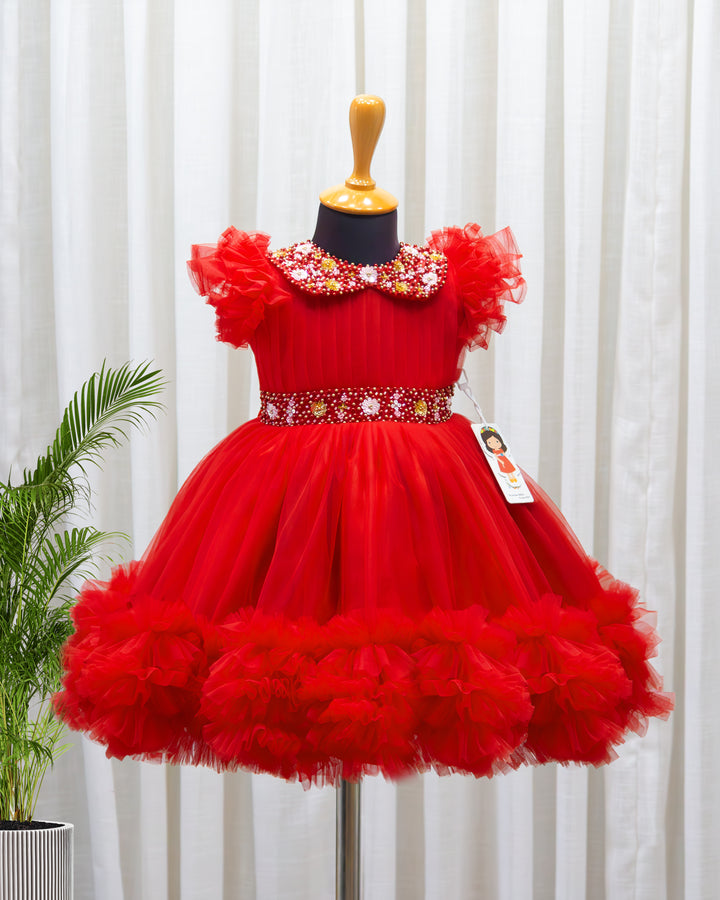 Red baby girl party frock with handwork Peter Pan collar