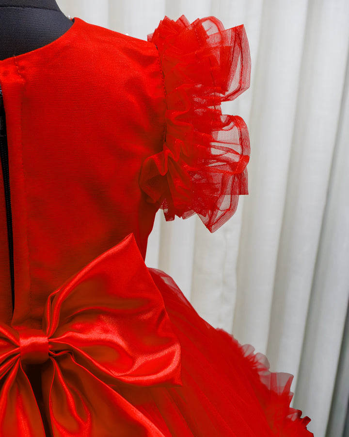 Party wear frock for girls in red with satin lining and ruffle skirt