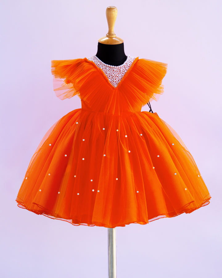 stanwells kids, orange frock, pearl work frock for kids, beads work frock, ruffles sleeves frocks, handwork frock for kids, liandli, nakshtarakids, janyas closet