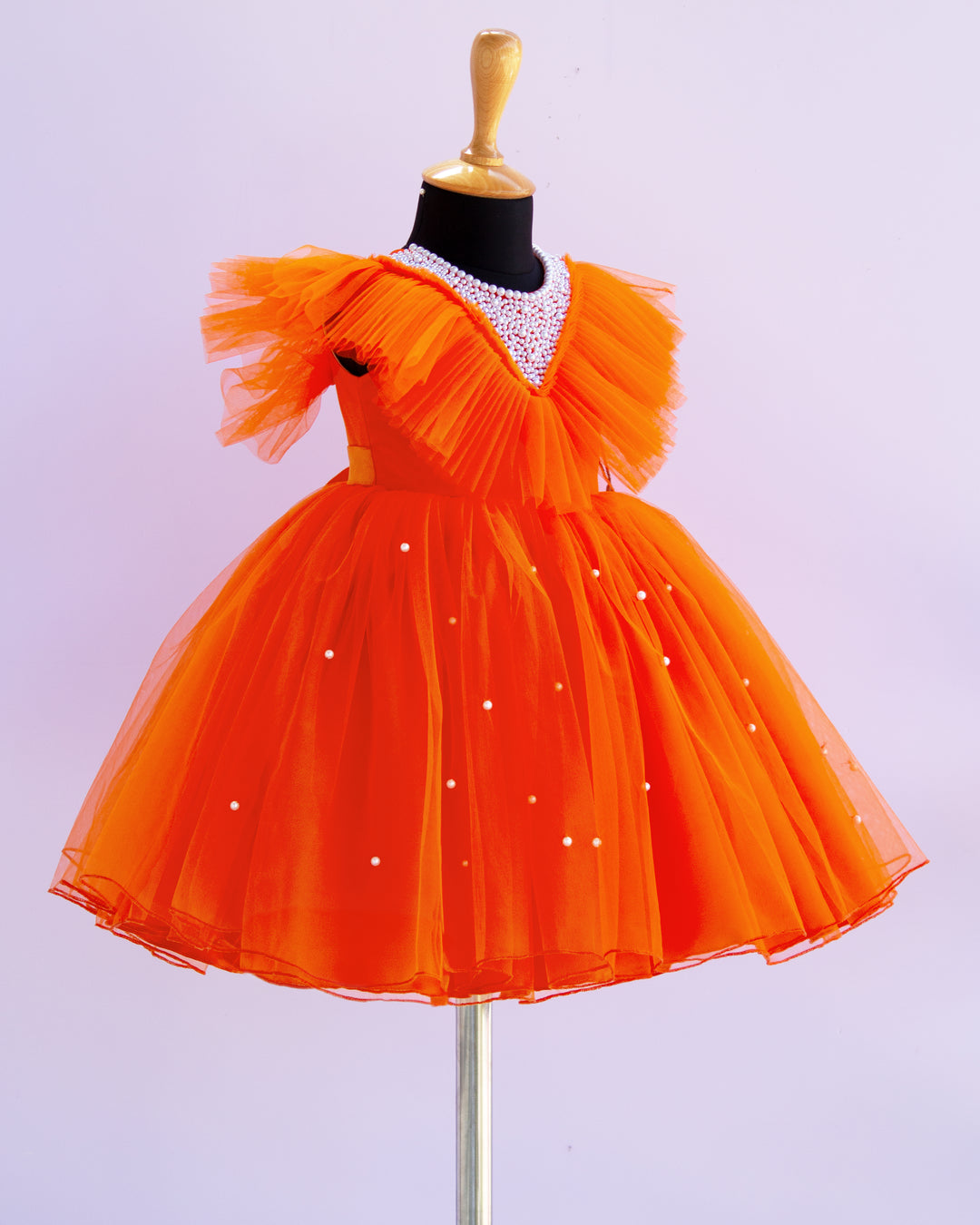 stanwells kids, orange frock, pearl work frock for kids, beads work frock, ruffles sleeves frocks, handwork frock for kids, liandli, nakshtarakids, janyas closet