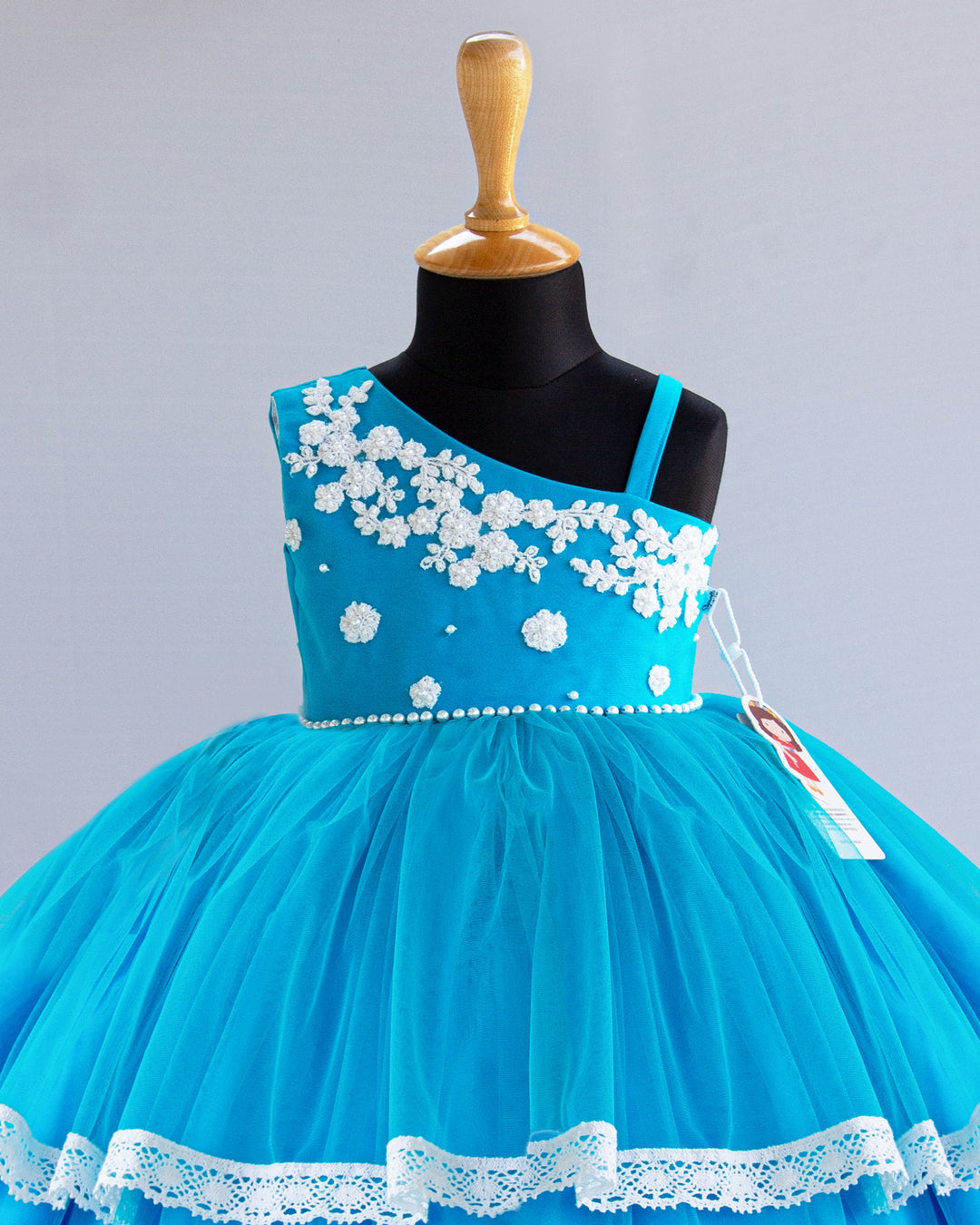 Sky Blue Shade Applique Handwork Partywear Baby Girls Step Frock
