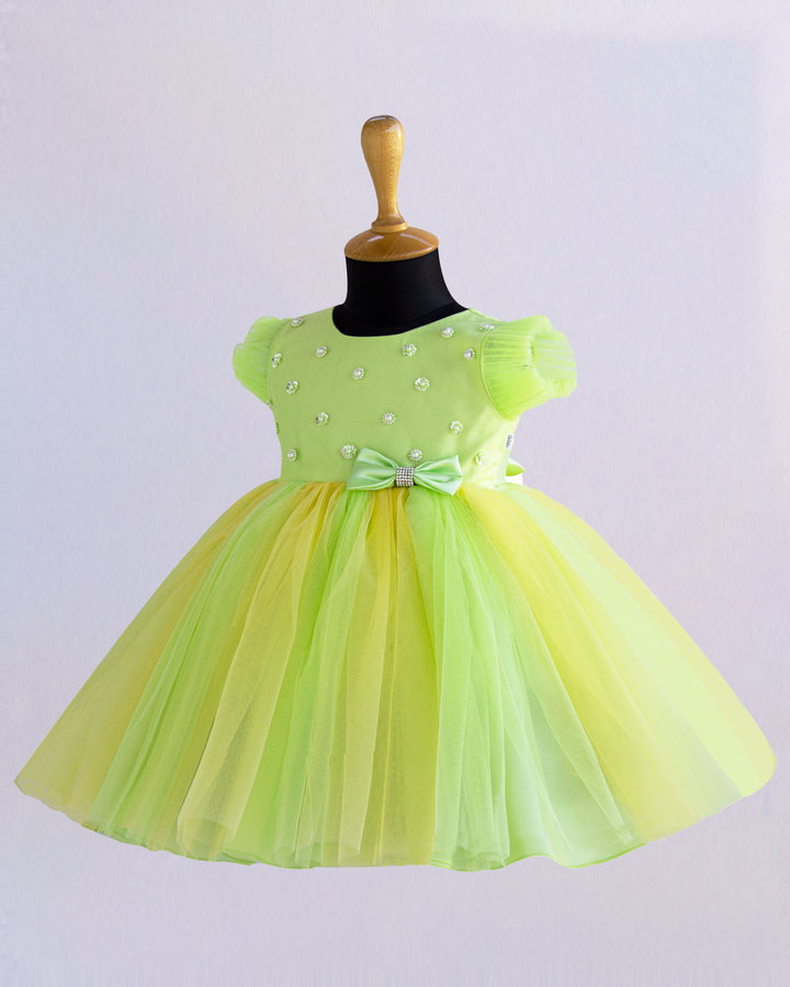 pista green and baby yellow baby girls partywear frocks