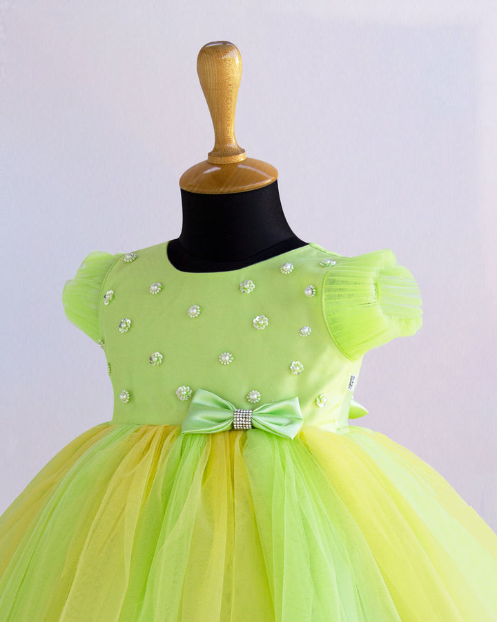 pista green and baby yellow baby girls partywear frocks