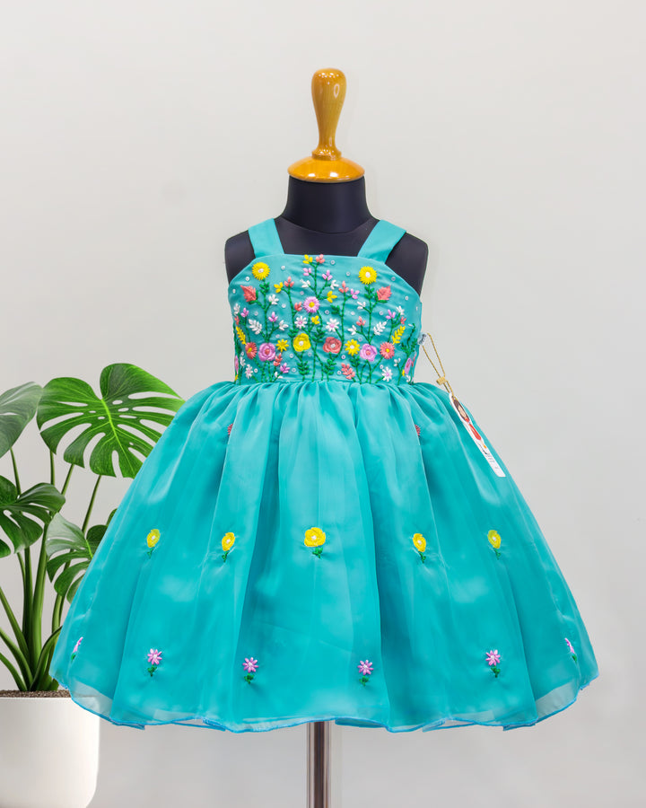 Pastel green floral embroidery frock, baby girls birthday dress, premium organza dress, toddler party wear frock, kids fashion India, Stanwells Kids