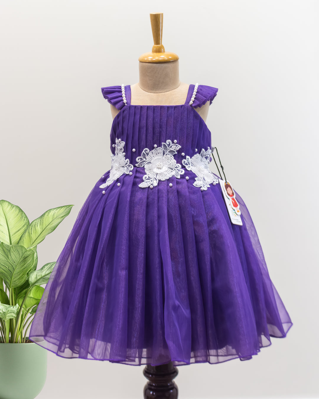 pastel violet birthday frock for baby girls, shimmer net flower applique dress, baby girl party wear, toddler birthday dress India, Stanwells Kids