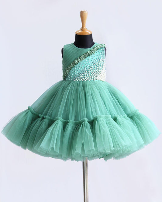Pastel Green Pleated Ruffled Flower Frock for Baby Girl – Party Wear