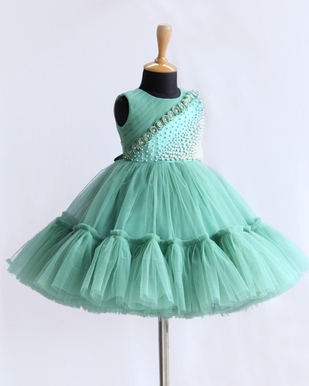 Ball Gown Emerald Green Baby Dress Pastel Green Pleated Ruffle Flower Frock For Baby Girls Party Ball Gown Emerald Green Baby Dress Pastel Green Pleated Ruffle Flower Frock For Baby Girls Party