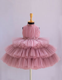 Dust Pink Halter Neck Hand Embroidery Three Step Birthday Frock for Baby Girl – Stanwells Kids