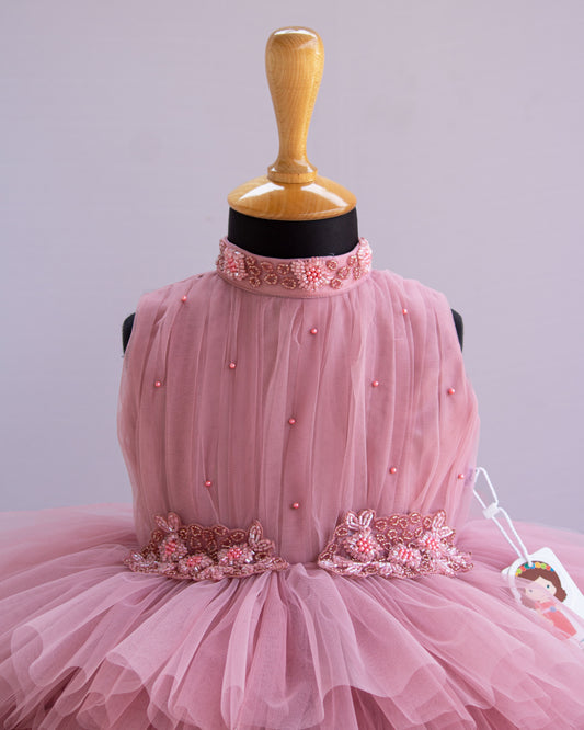 Dust pink halter neck three step frock front view – Stanwells Kids