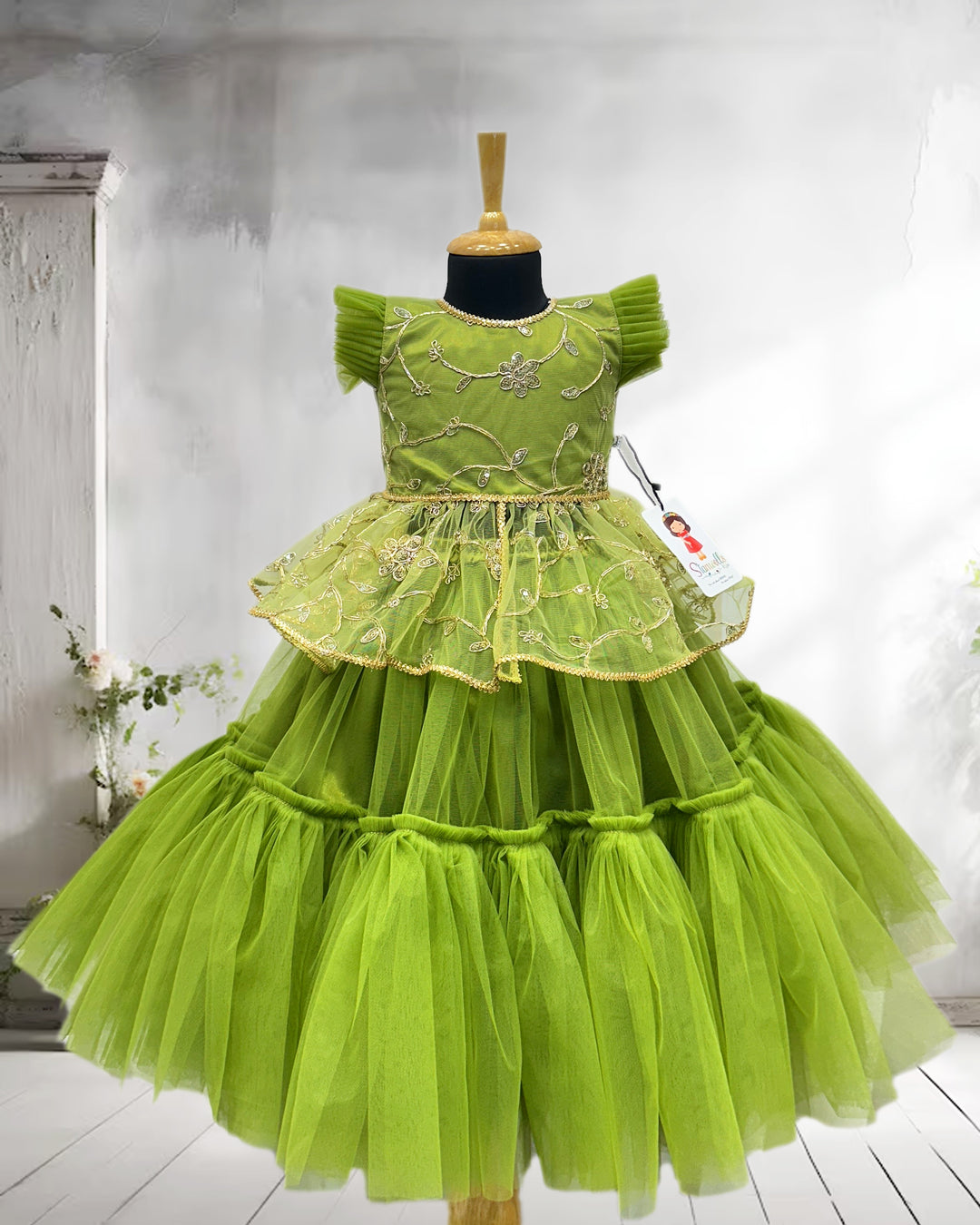 Pea green designer lehenga choli, baby girls birthday dress, kids partywear lehenga, traditional outfit for baby girls