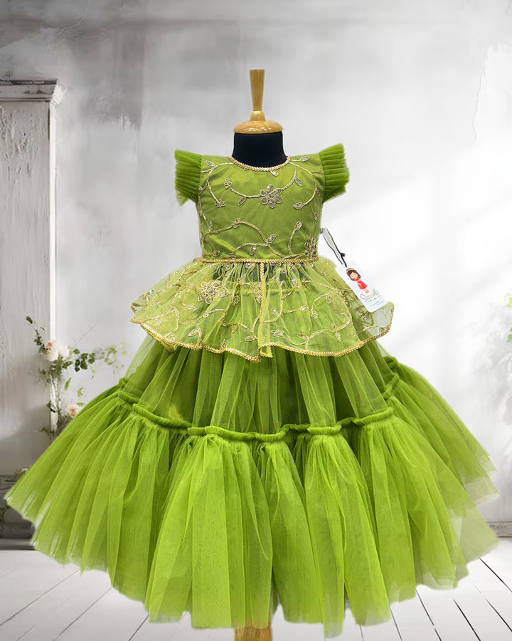 Pea green designer lehenga choli, baby girls birthday dress, kids partywear lehenga, traditional outfit for baby girls