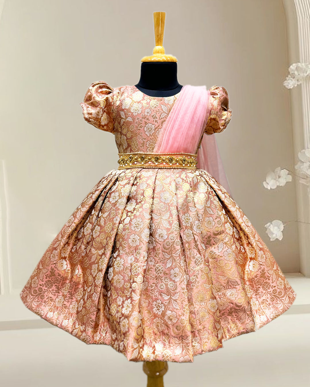 Peach Banarasi saree frock, baby girls birthday dress, traditional handwork partywear, Banarasi brocade frock for kids