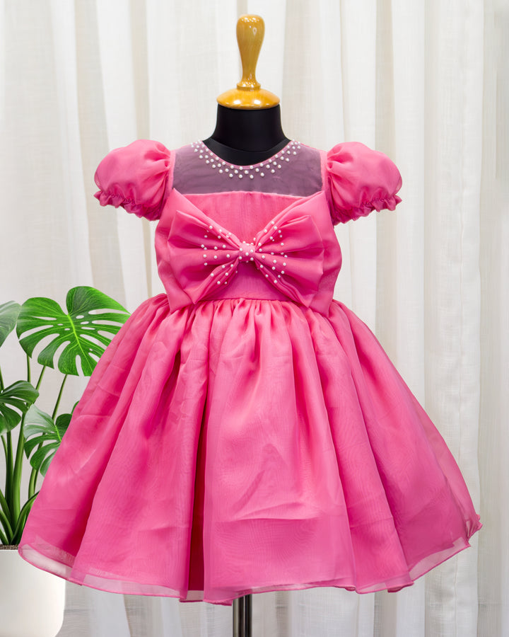 Peach organza frock, elegant bow dress for baby girls, birthday dress for kids, premium party wear frock, toddler birthday outfit, Stanwells Kids fashion