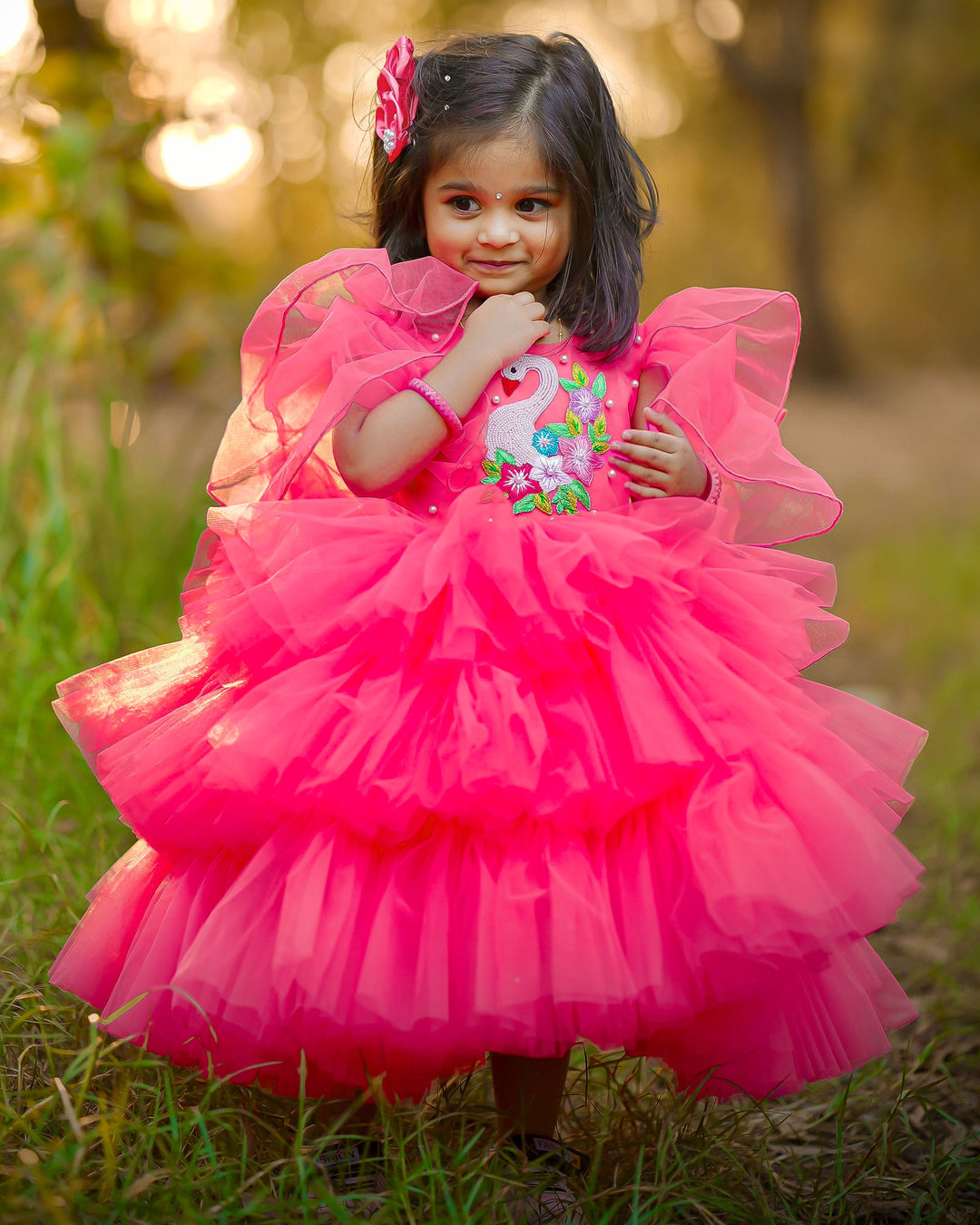 "Peach shade swan applique theme step frock, baby girls birthday dress, elegant baby dress"