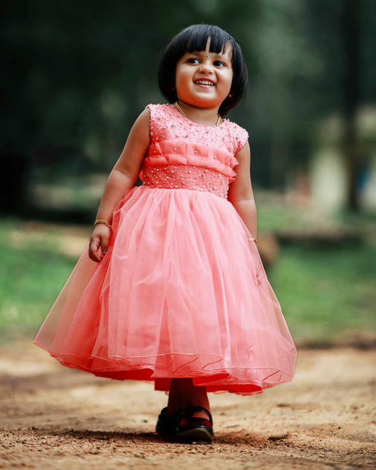 Peachy pumpkin handwork birthday frock front view baby girl – Stanwells Kids