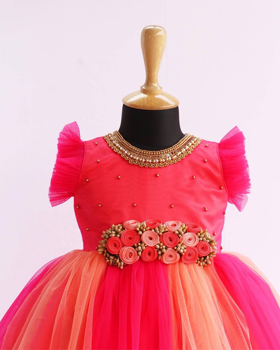 Peach & Pink combo Handwork Flower Frock-Sample – Stanwells Kids