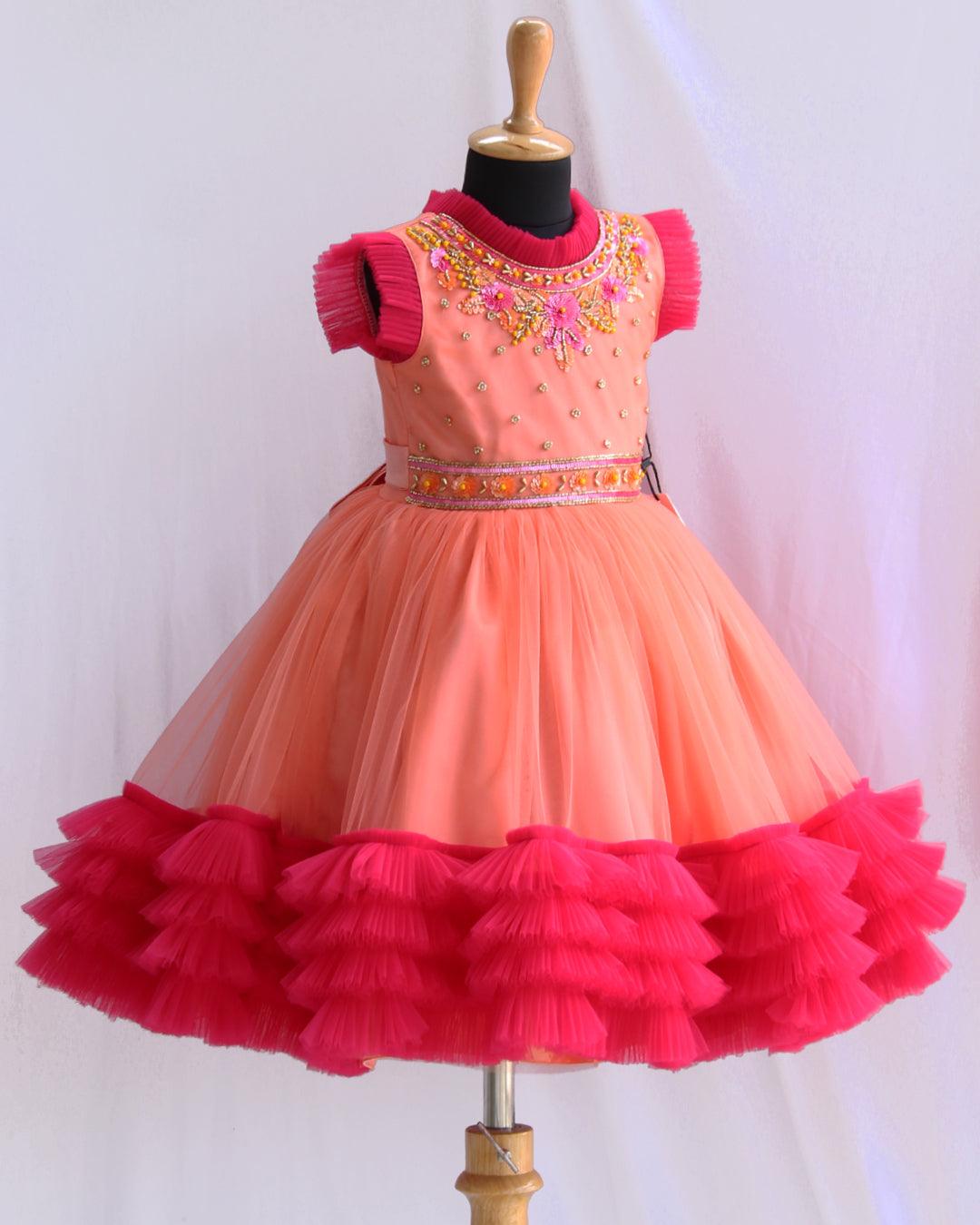 Peach and Pink Handwork Birthday Frock