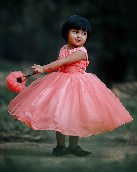 Peachy pumpkin partywear frock side view baby girl – Stanwells Kids