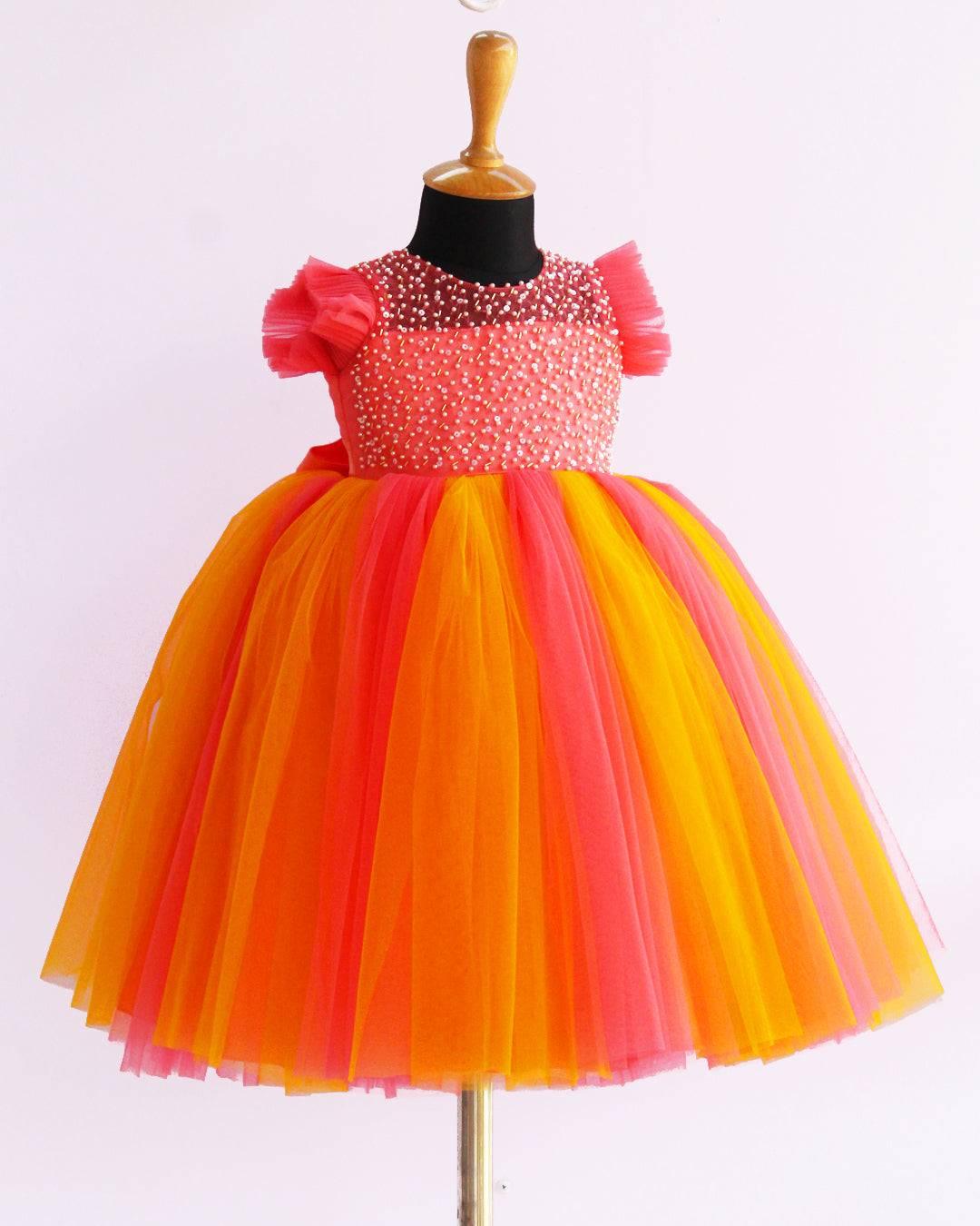 Peach & Mango Yellow combo Handwork Layered Party wear Bow Gown Stanwells Kids