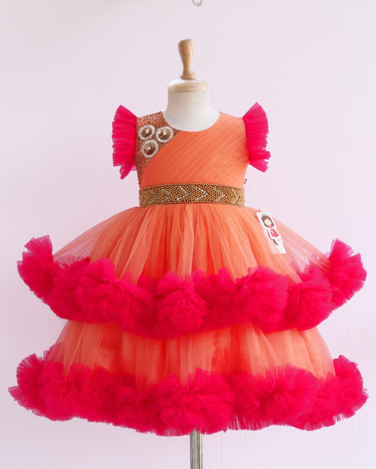 Coral Peach And Pink Pleated Heavy Ruffled Hand embroidery Birthday Fr
