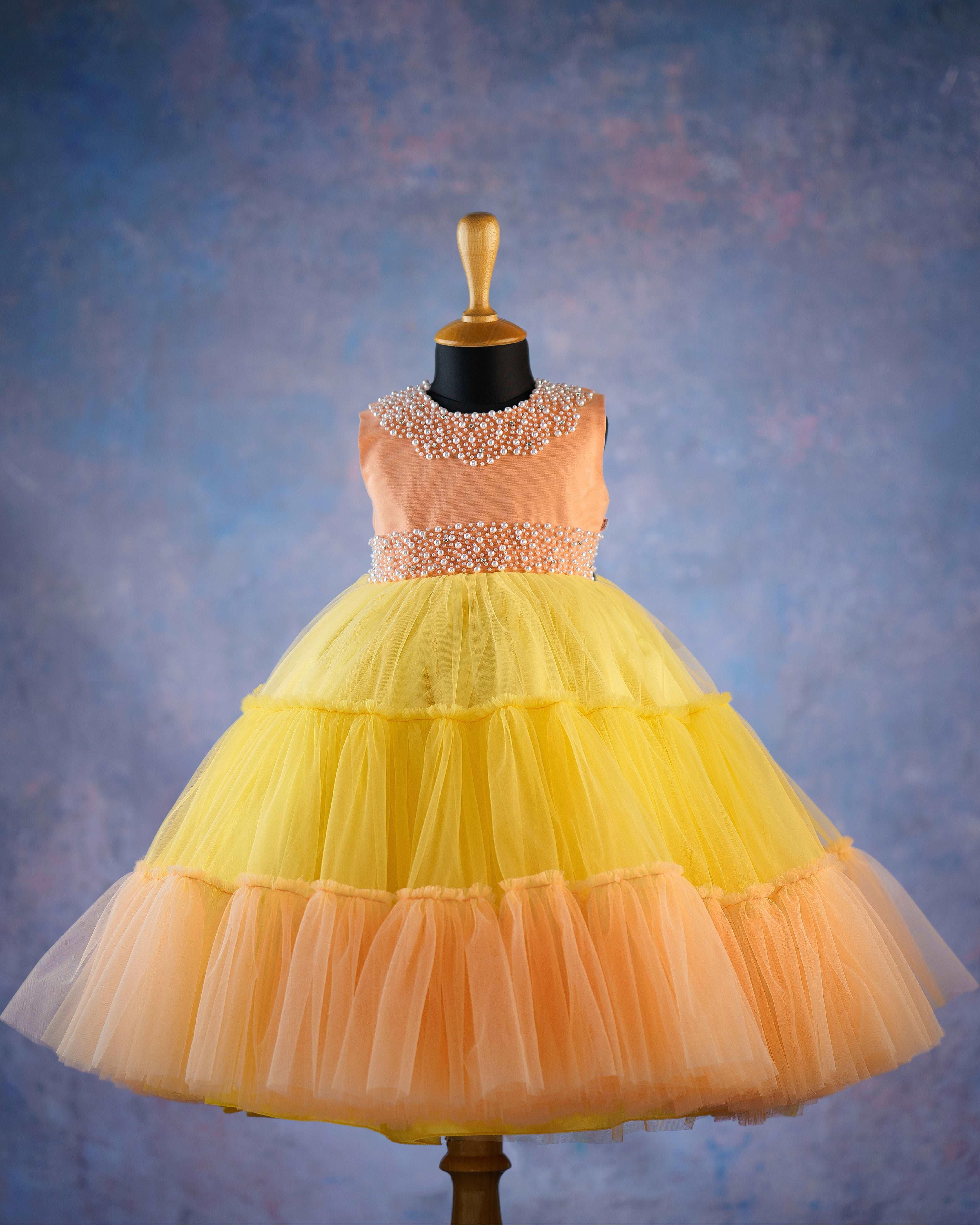 Peachy Pumpkin & Baby Yellow combo Handwork Fully Flared Party wear Lo ...