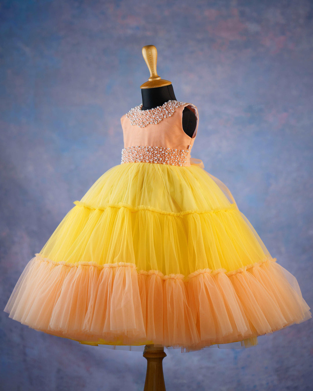 Peachy Pumpkin & Baby Yellow combo Handwork Fully Flared Party wear Lo