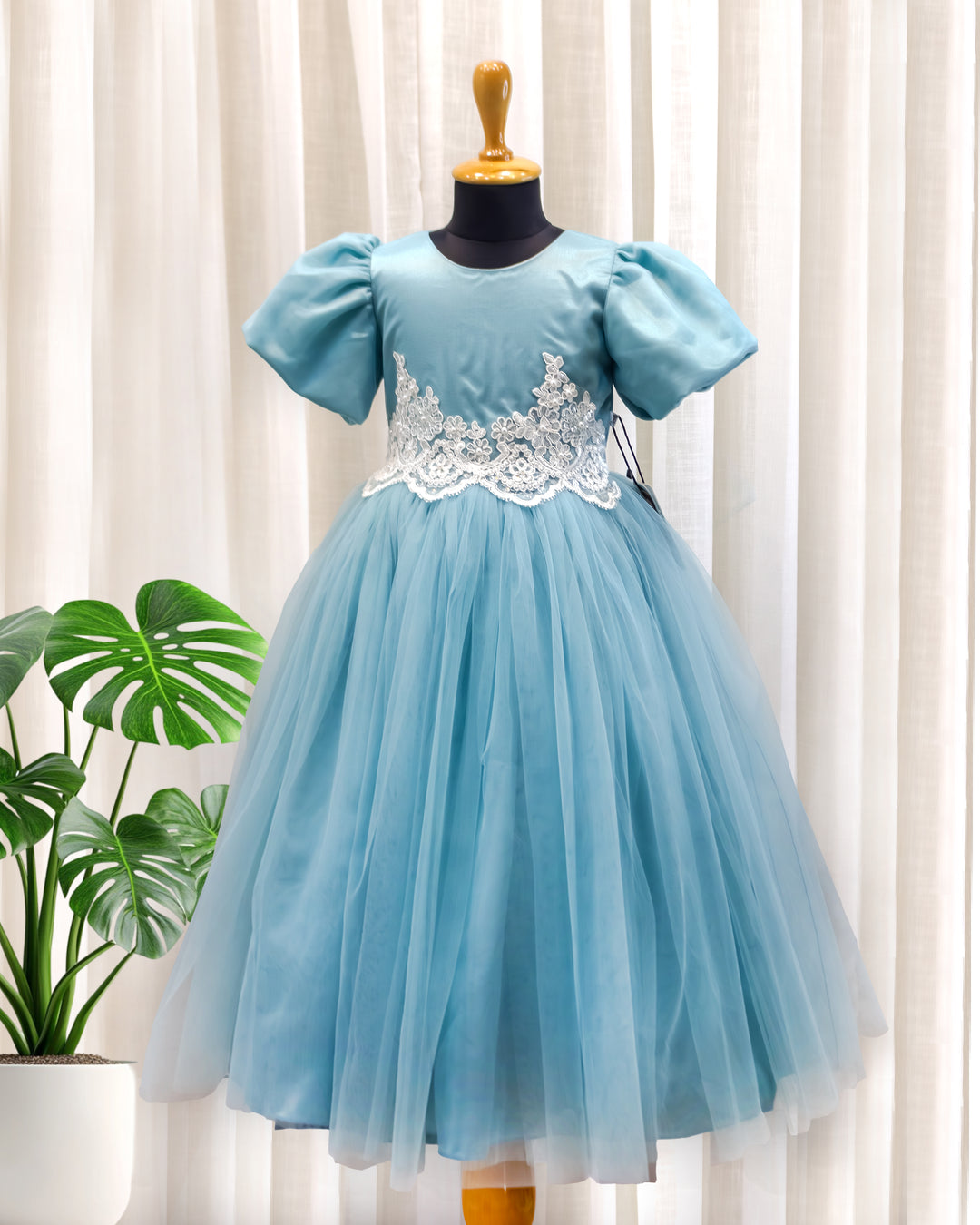 Pearl blue applique handwork Cinderella gown, baby girls birthday dress, premium kids party wear, designer gown for baby girl, Stanwells Kids dress