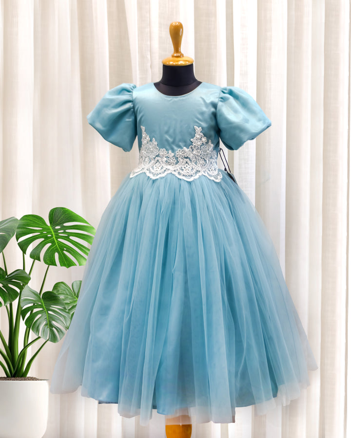 Pearl blue applique handwork Cinderella gown, baby girls birthday dress, premium kids party wear, designer gown for baby girl, Stanwells Kids dress