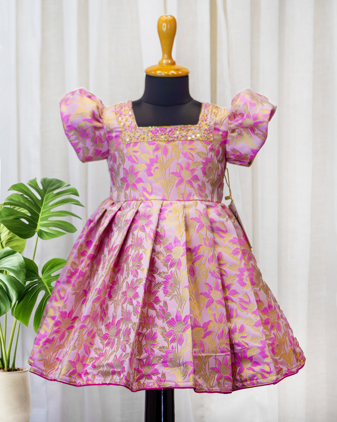 Pink shade designer brocade floral handwork baby girls birthday dress, premium partywear frock for kids, Stanwells Kids