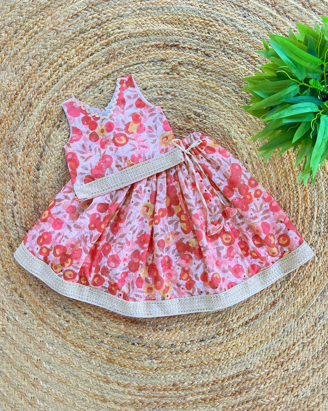 Pink Floral Cotton Hakoba Lehenga Choli – Baby Girl Birthday Dress
