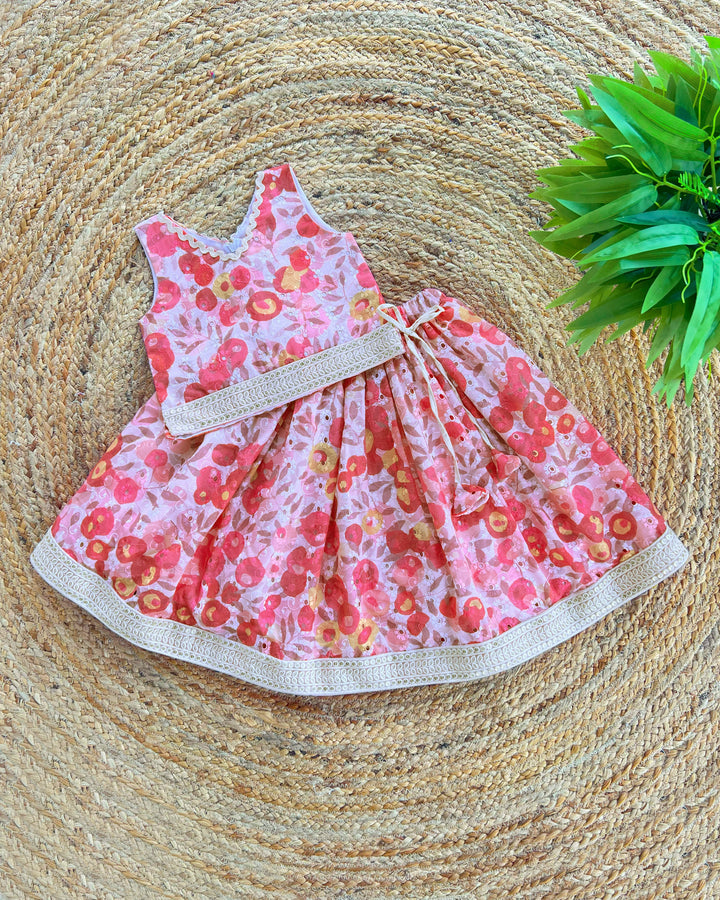 Pink Floral Cotton Hakoba Lehenga Choli – Baby Girl Birthday Dress
