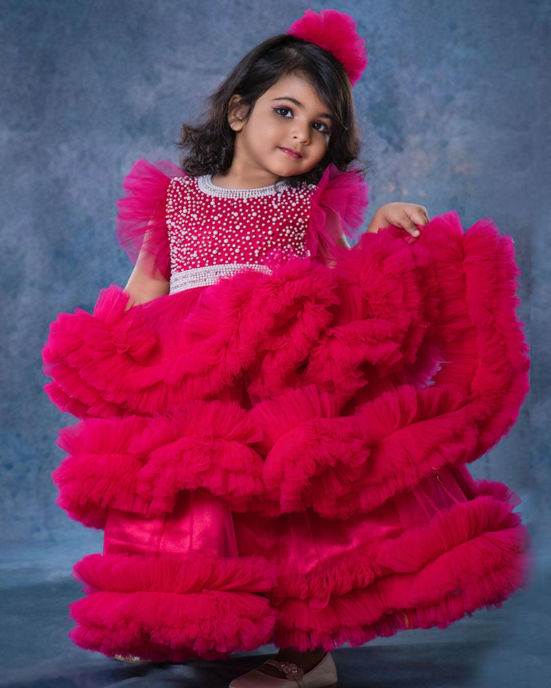 Ranypink Shade Heavy Handwork Layered Ruffles Gown- Matching Hairband Stanwells Kids