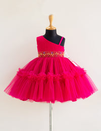 Rani Pink Shade Pleated Handwork Party Perfect Ruffles Frock