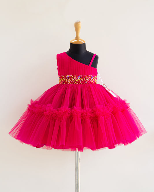 Rani pink pleated handwork ruffles frock front view baby girl – Stanwells Kids