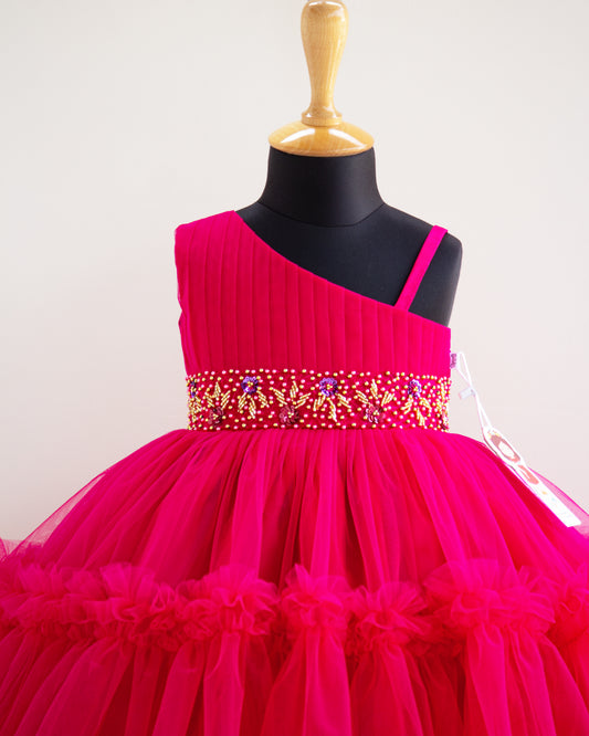 Rani pink pleated ruffles frock side view baby girl – Stanwells Kids